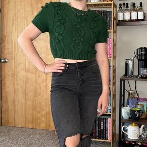 Dark academia cropped army green short sleeve sweater